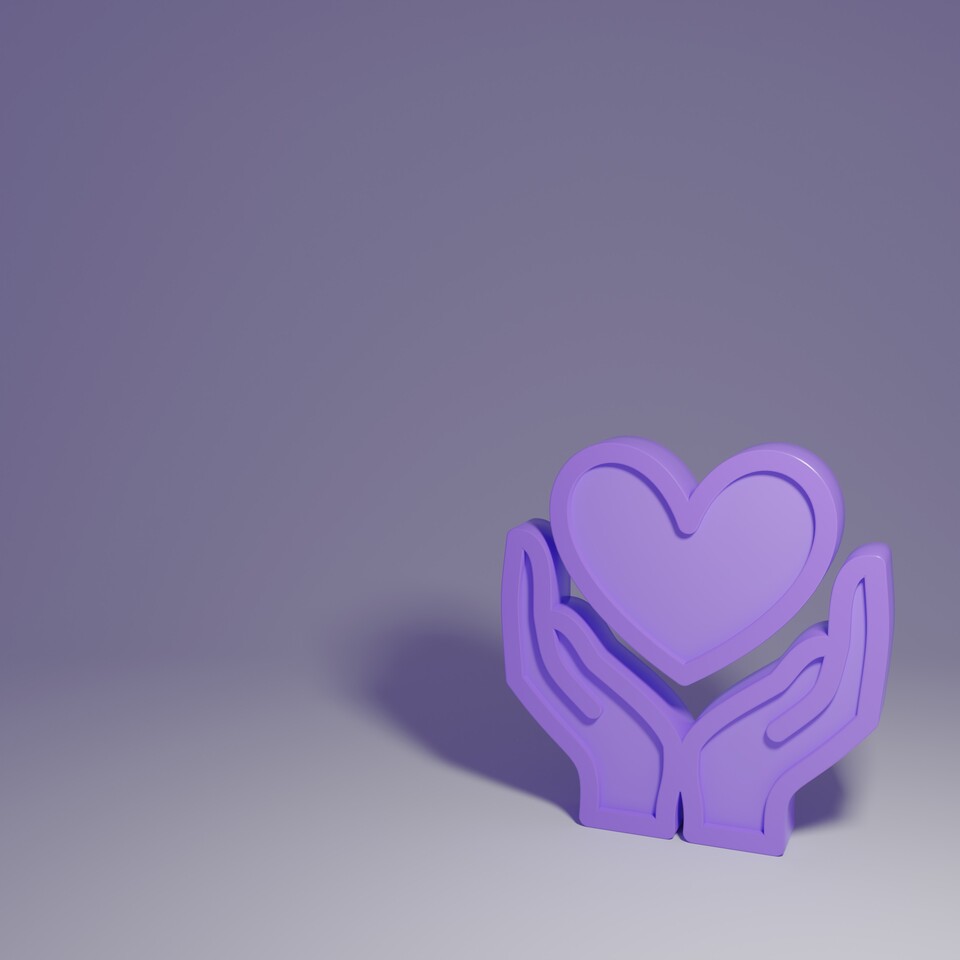 A 3D render of a heart between two open hands